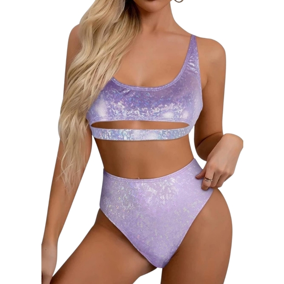 Queen2KeepUp Boutique Other - Glitter Rave Sexy Scoop Neck Underboob Cutout Top High Waist Bottom Bikini Set